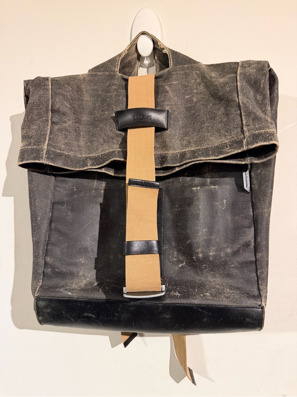 Brooks England Canvas Roll-Top Men’s Backpack in Faded Black with Tan Strap
